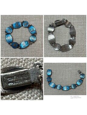 Vintage Siam Sterling Silver Niello Enamel Blue Link Bracelet 6.5”